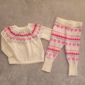 🧸2/20$ Joe Fresh Kids Knit Matching Set Sweater Pink Hearts Size 3-6M Baby Girl